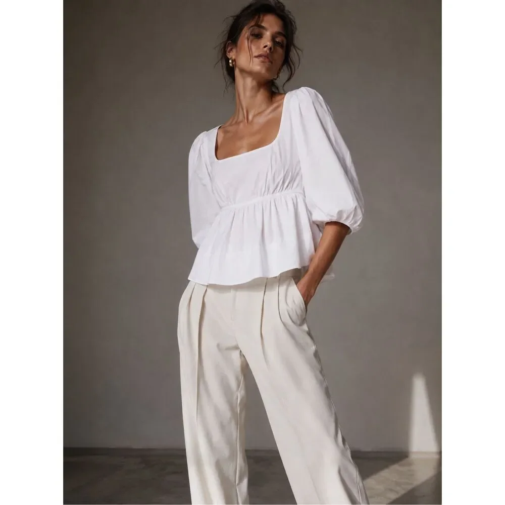STAUD Sophie Blouse M White Square Neck Babydoll Peplum Puff Sleeve Top
